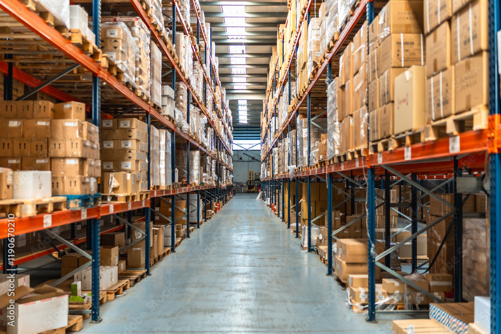 Aisle of a distribution warehouse with stocked shelves